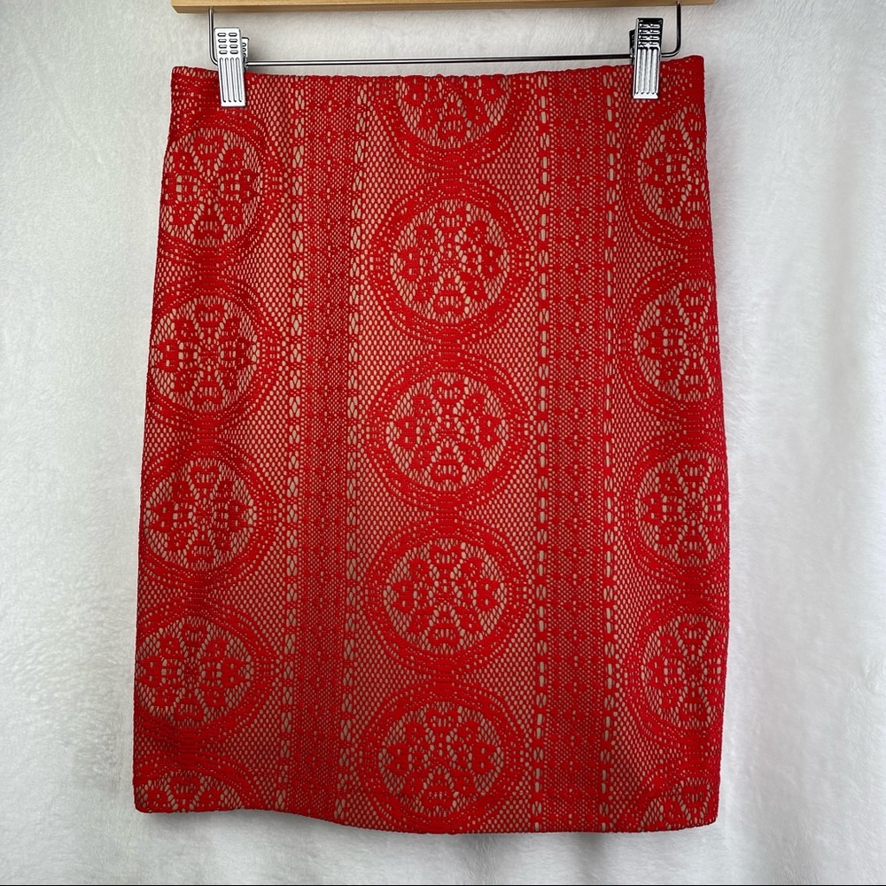 Renee C Pencil Skirt Fully Lined Red Lace Stretch